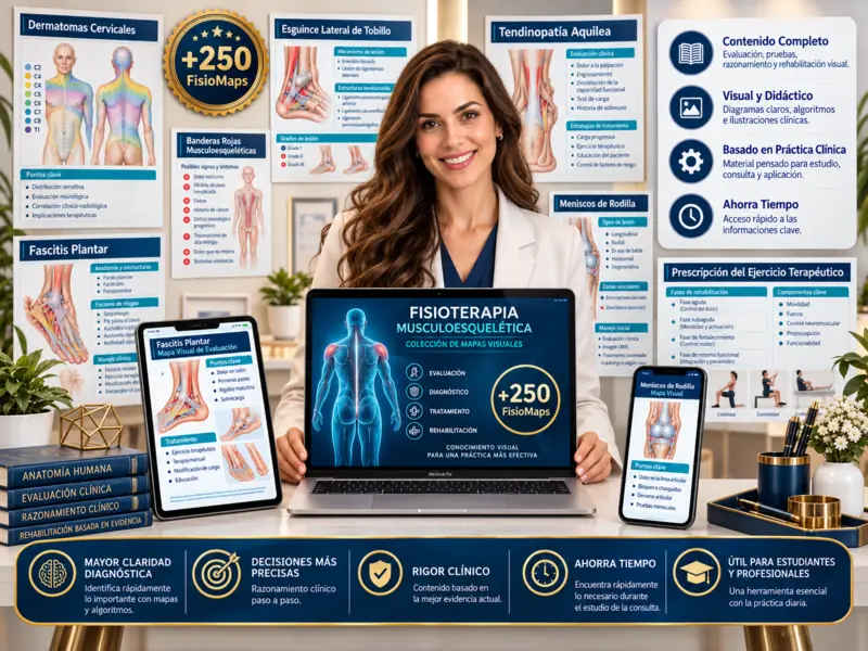 Profesional de fisioterapia consultando Mapas MSK en notebook, tablet, celular y fichas impresas